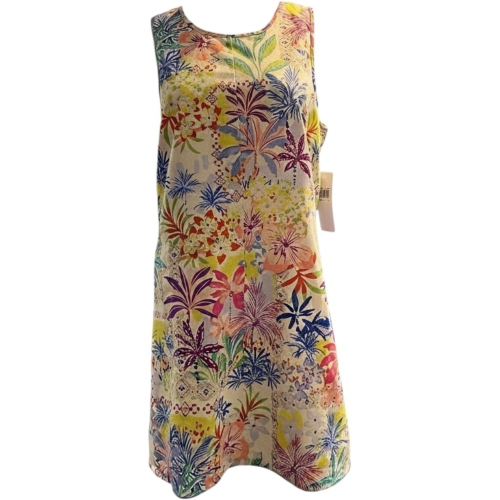 London Times Dress Linen Blend Colrful Patchwork Floral Shift Mini L Summer